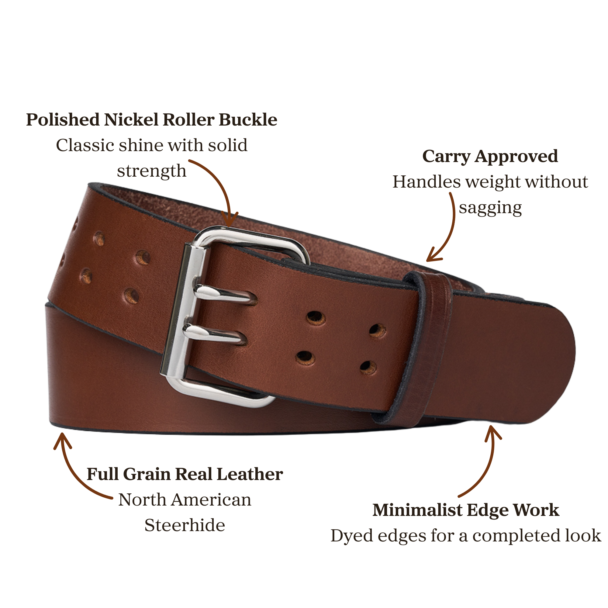 Brown full grain leather belt with polished nickel roller buckle, designed for carry use