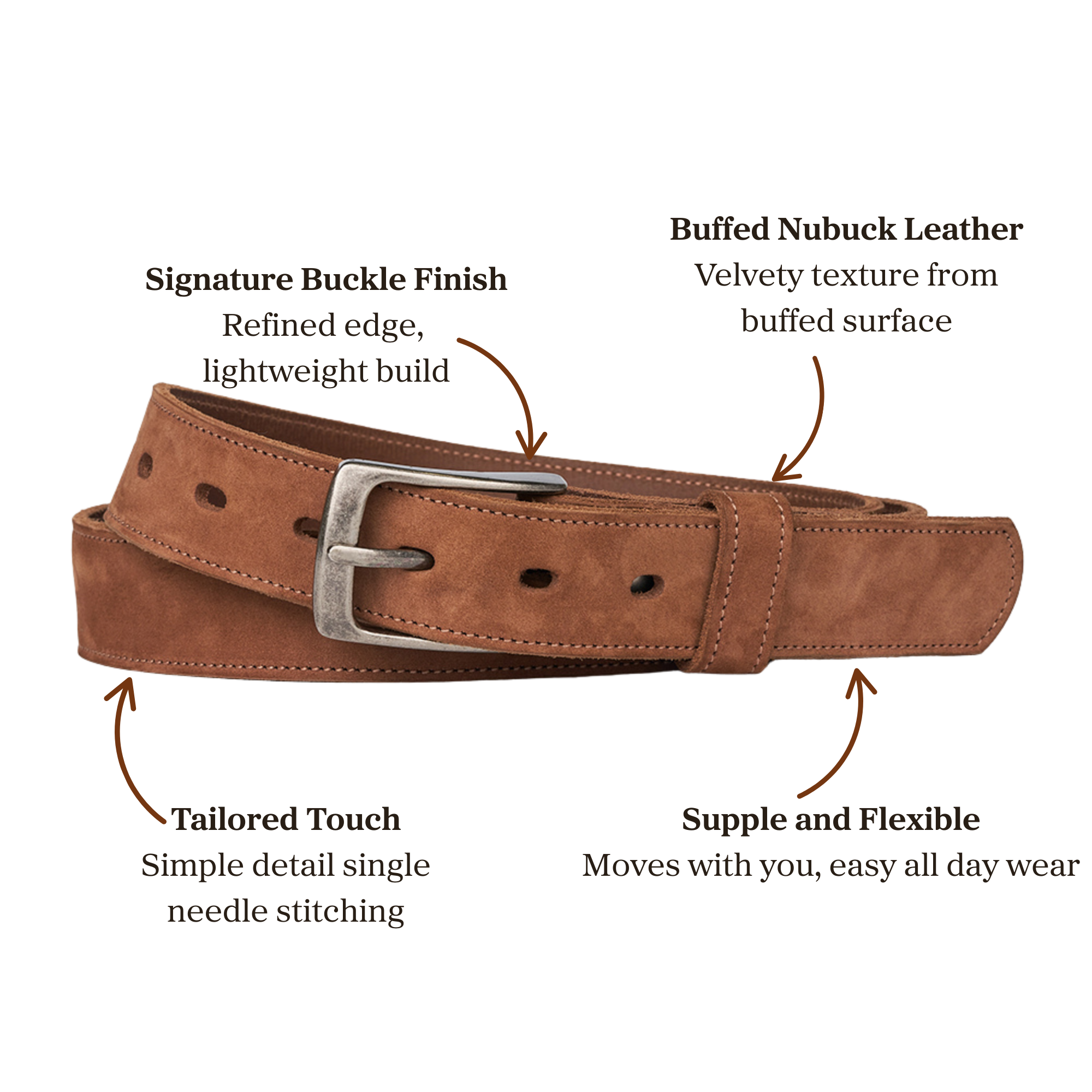 Brown buffed nubuck leather belt with signature buckle finish accompanied with single stitching