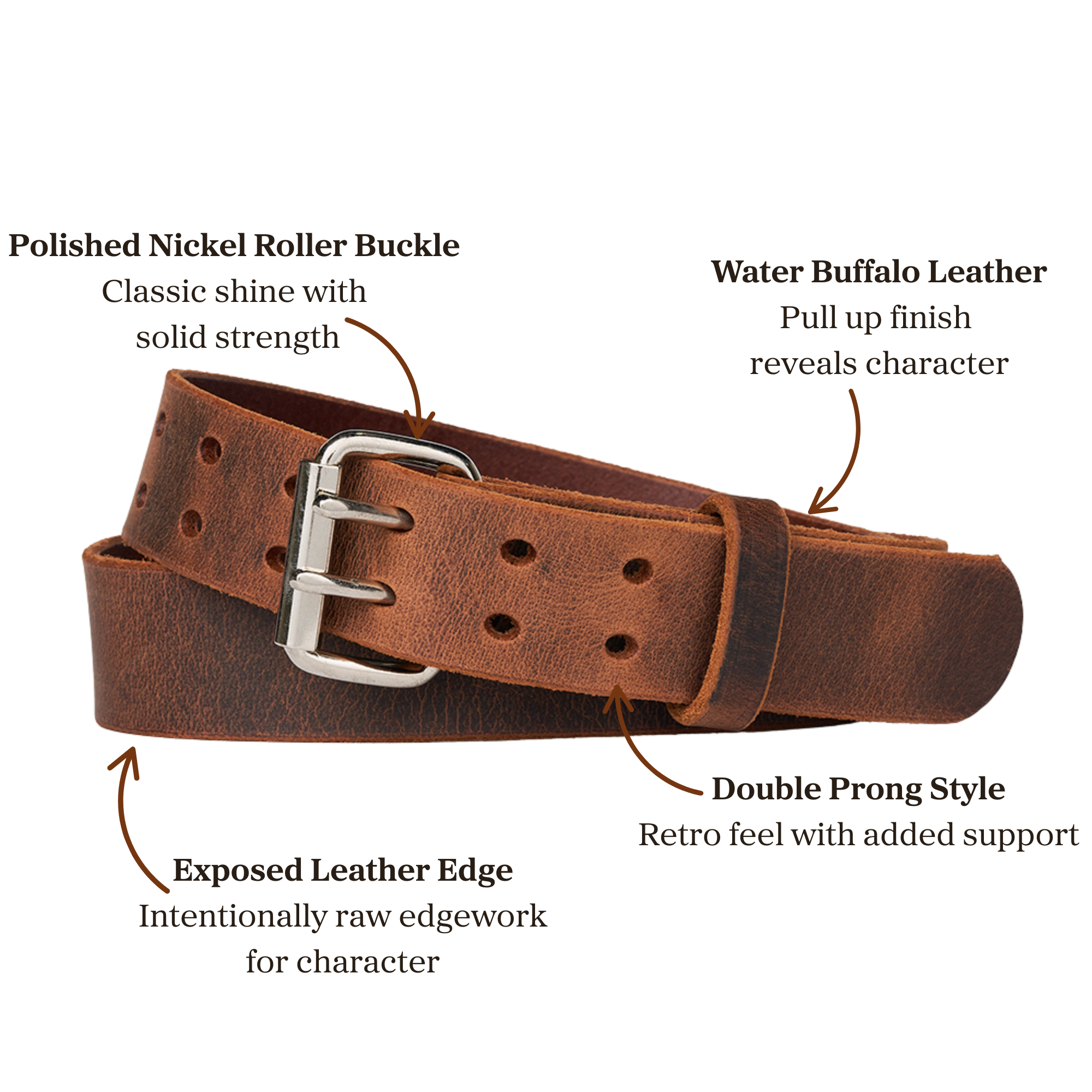 Brown water buffalo leather belt with double pronged polished nickel roller buckle