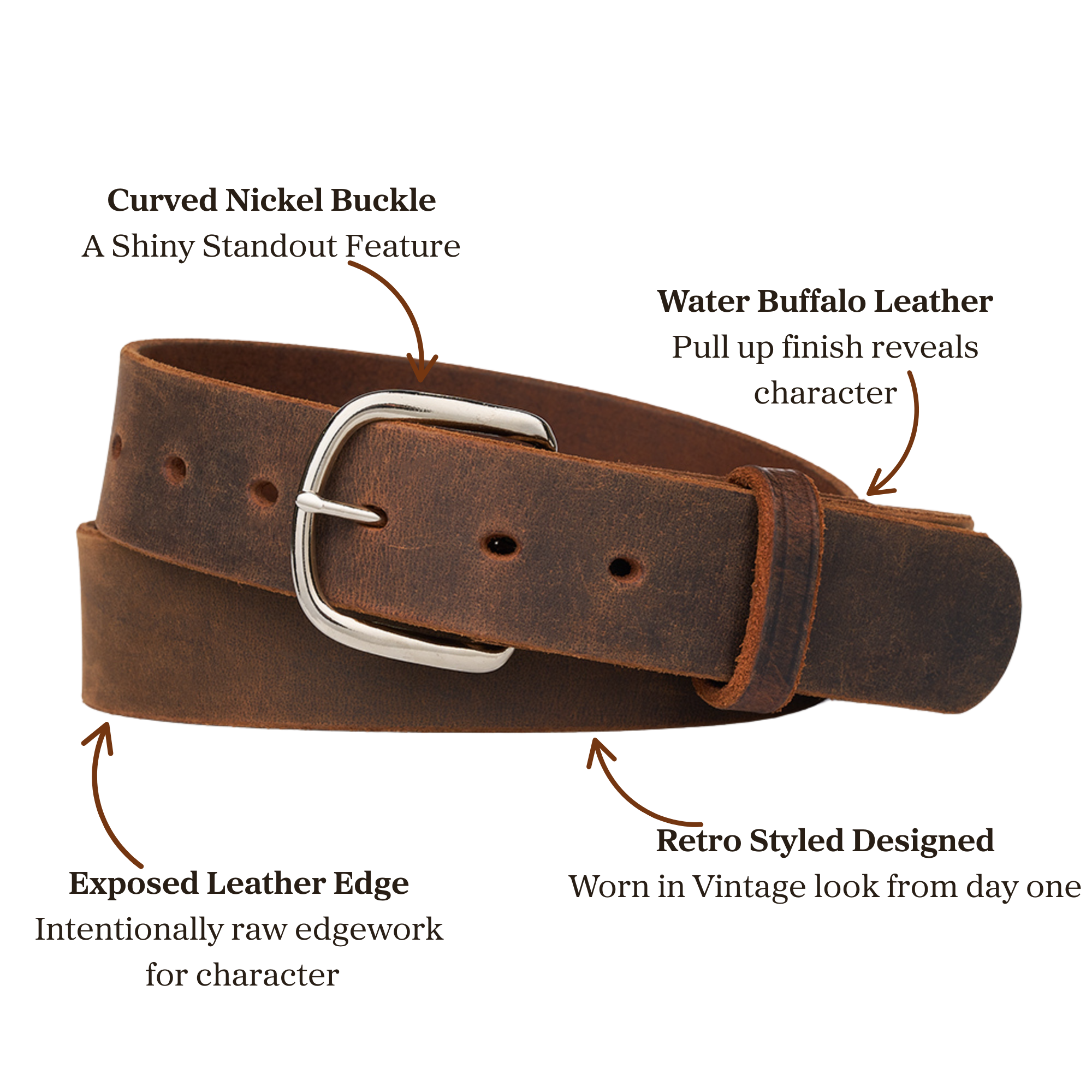 Retro styled brown water buffalo leather belt with a curved silver buckle