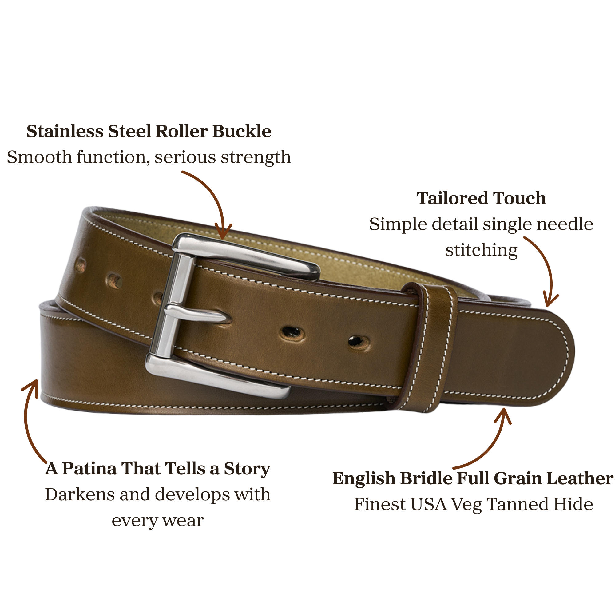 Brown English bridle full grain leather belt with stainless steel roller buckle accompanied with single needle stitching