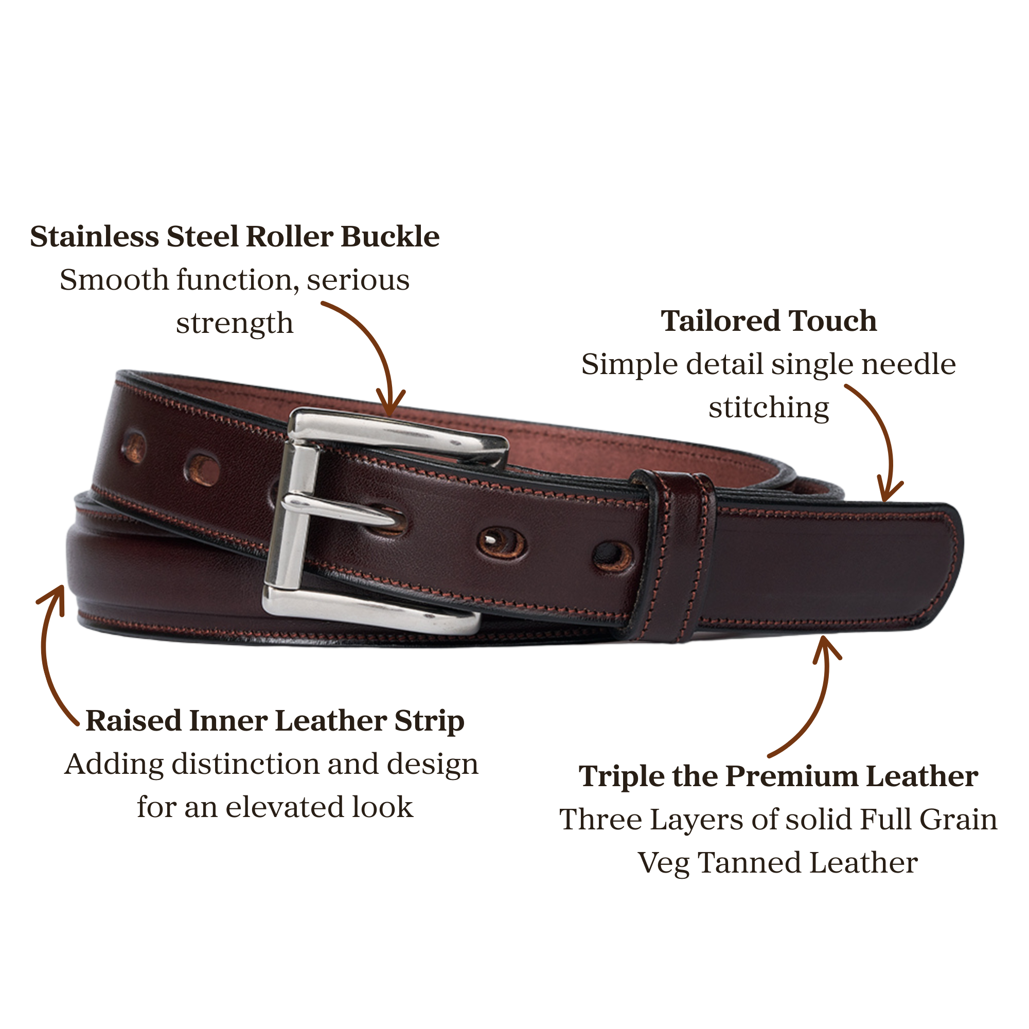 Triple layer brown leather belt with stainless steel roller buckle accompanied with single needle stitching