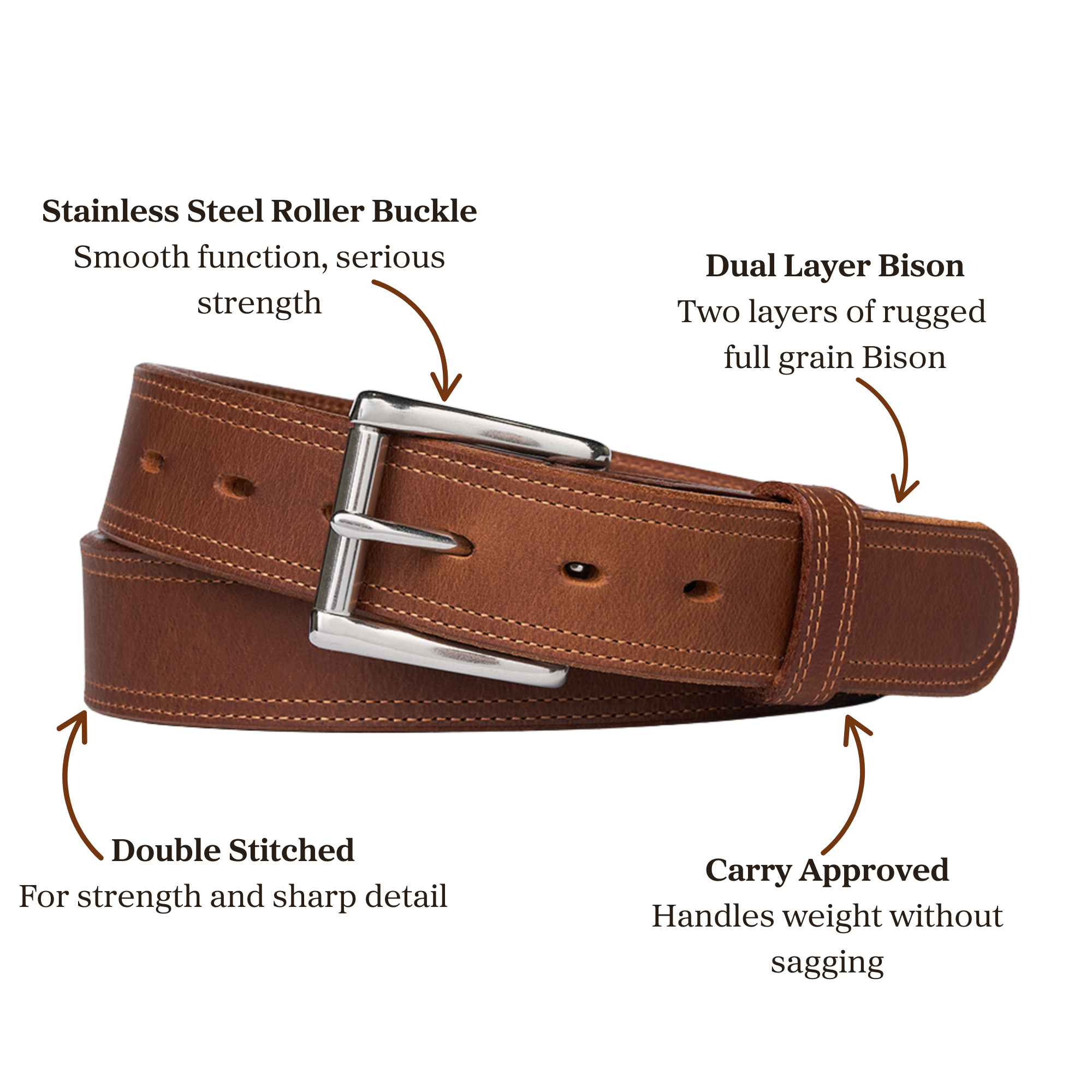 Dual layer brown leather belt with stainless steel roller buckle accompanied with double stitching, designed for carry use