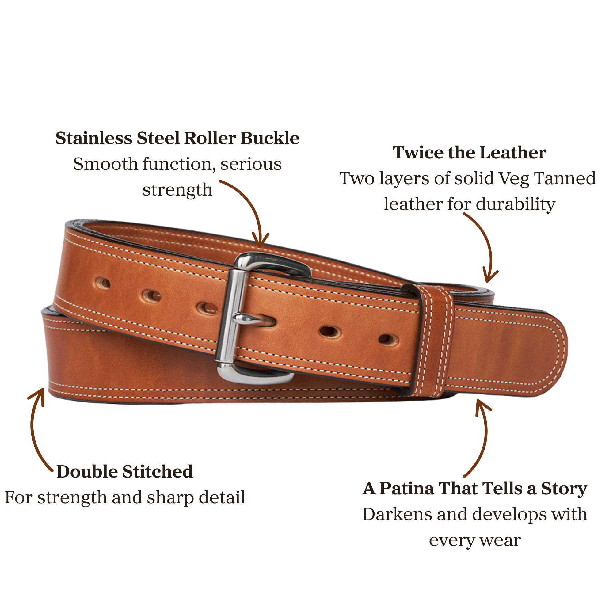 Double layer brown leather belt with stainless steel roller buckle accompanied with double stitching