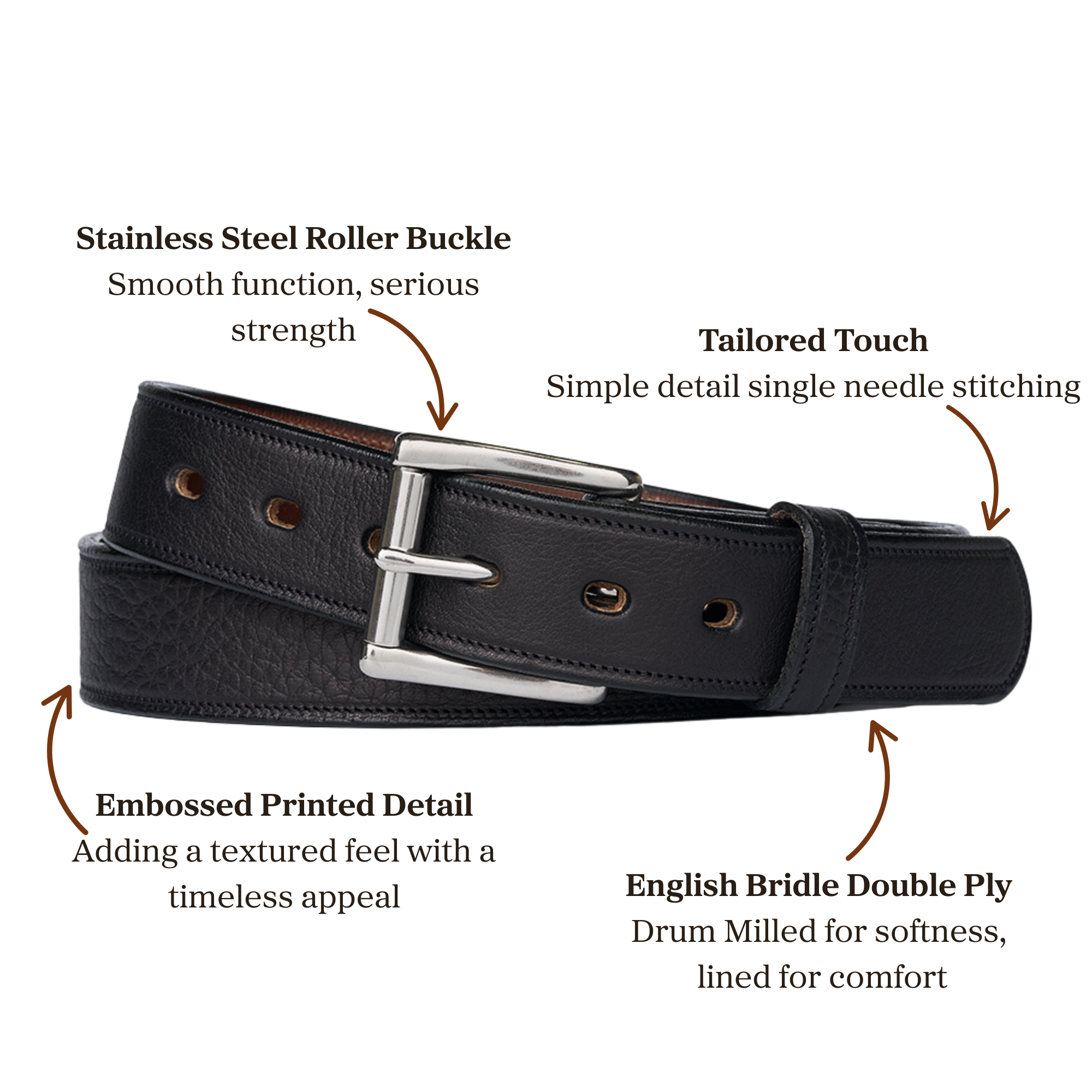 English bridle double ply black embossed belt with stainless steel roller buckle