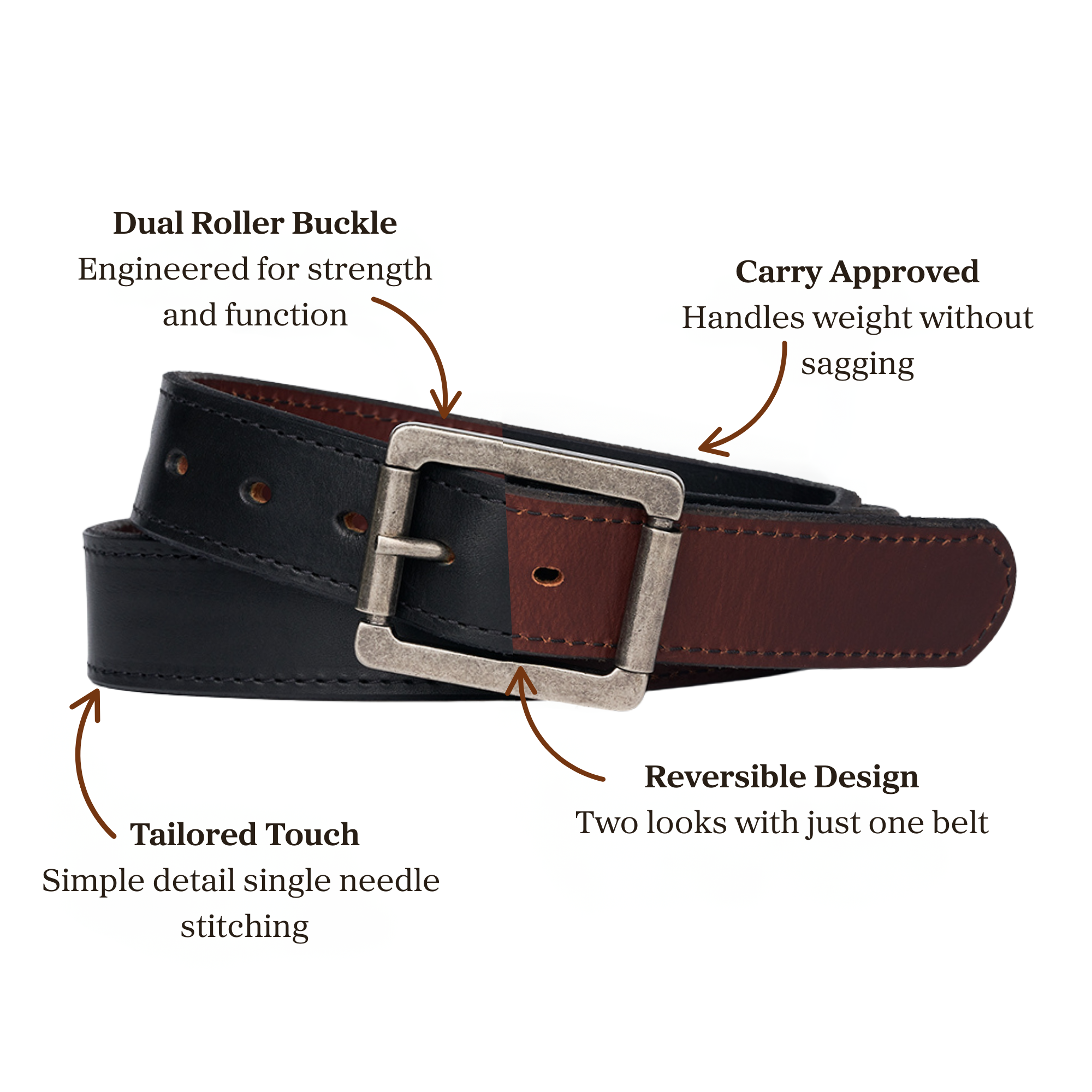 Black and brown reversible belt with dual roller buckle accompanied with single needle stitching , designed for carry use