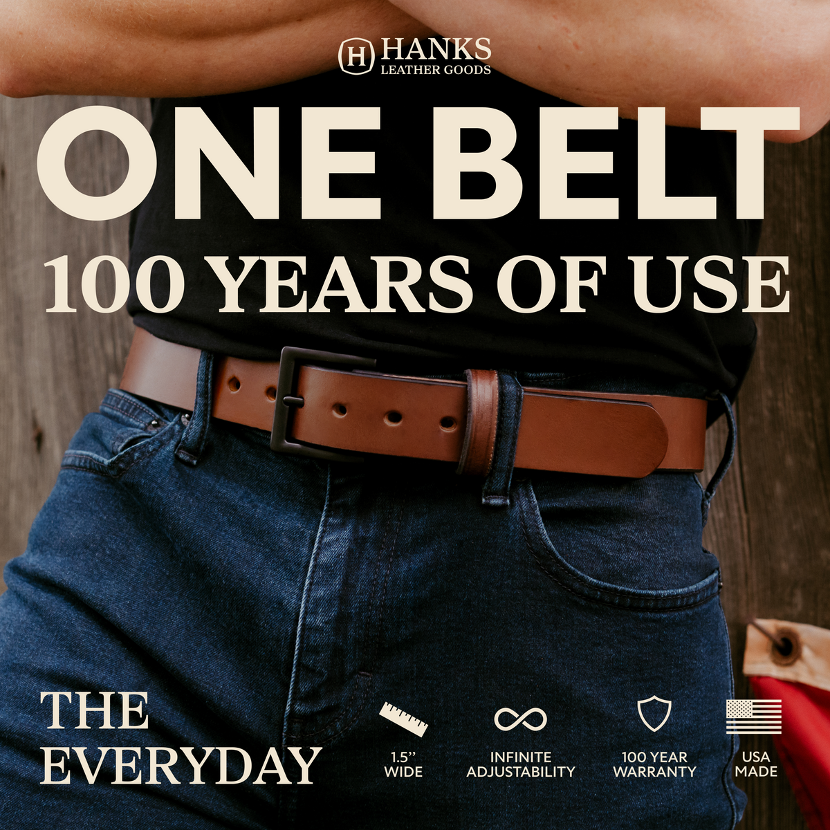 Wearing Hanks Belts’ The Everyday with jeans—US-made full-grain leather, durable, and easily adjustable.