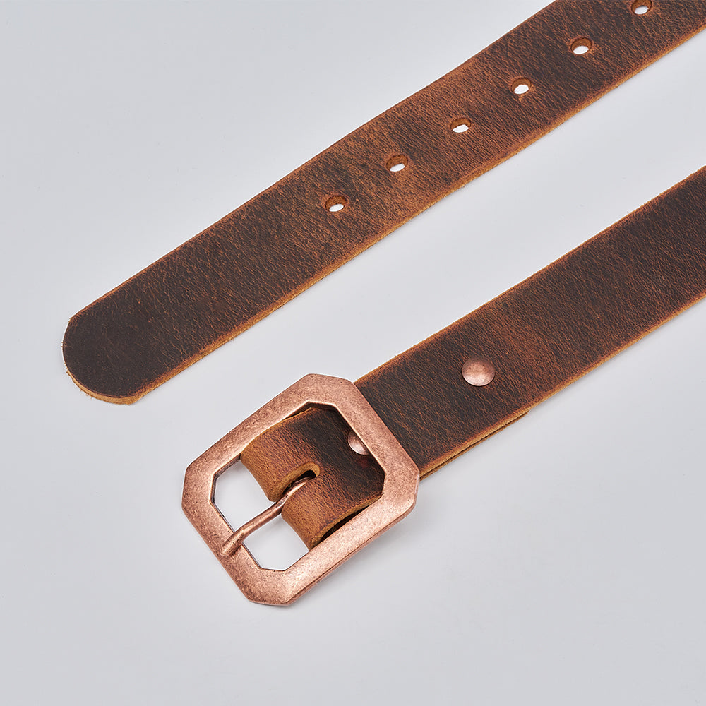 The Relic Retro Style by Hanks Belts is a vintage-inspired brown leather belt featuring a textured finish, multiple adjustment holes, and a rectangular copper buckle, shown on a light gray background for classic appeal.