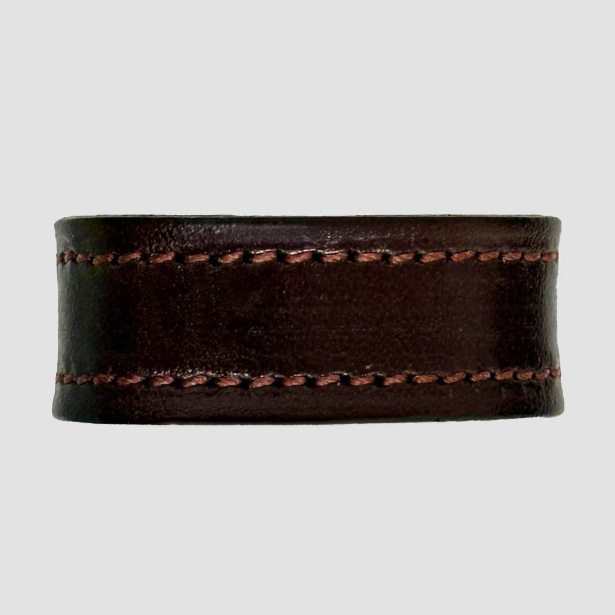 The Hanks Belts 1.5" Stitched #10 Keeper is a wide, dark brown vegetable-tanned leather ring with visible top and bottom stitching, ideal as a replacement belt keeper for 1.5" dress belts, shown on a plain light gray background.