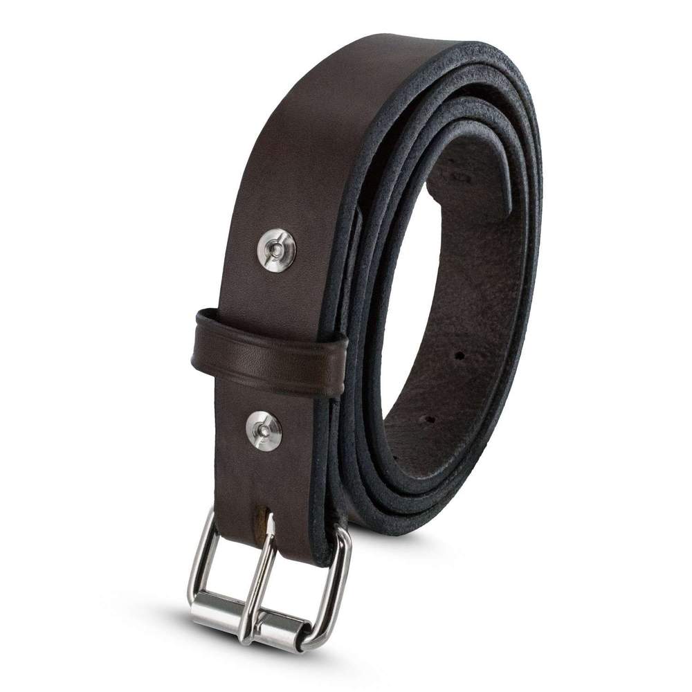 The Deputy by Hanks Belts is a durable dark brown leather belt with a silver metal buckle and rivets, shown rolled up on a white background.