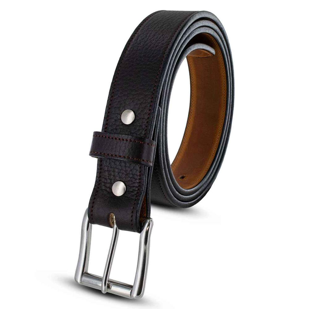 The Tuscan Embossed Lined by Hanks Belts is a coiled dark brown premium leather belt with a textured finish, stainless steel buckle, and two metal rivets near the loop, displayed against a white background.
