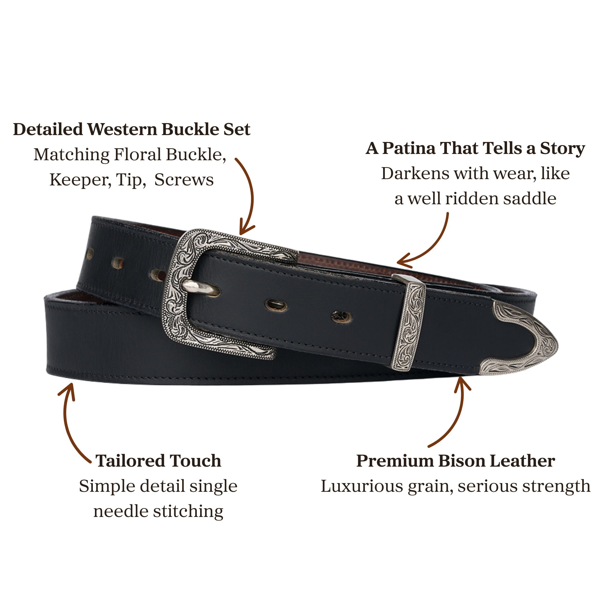 Black bison leather belt with ornate silver Western buckle set featuring floral engraving, matching keeper, tip, and decorative screws, with single-needle stitching detail.