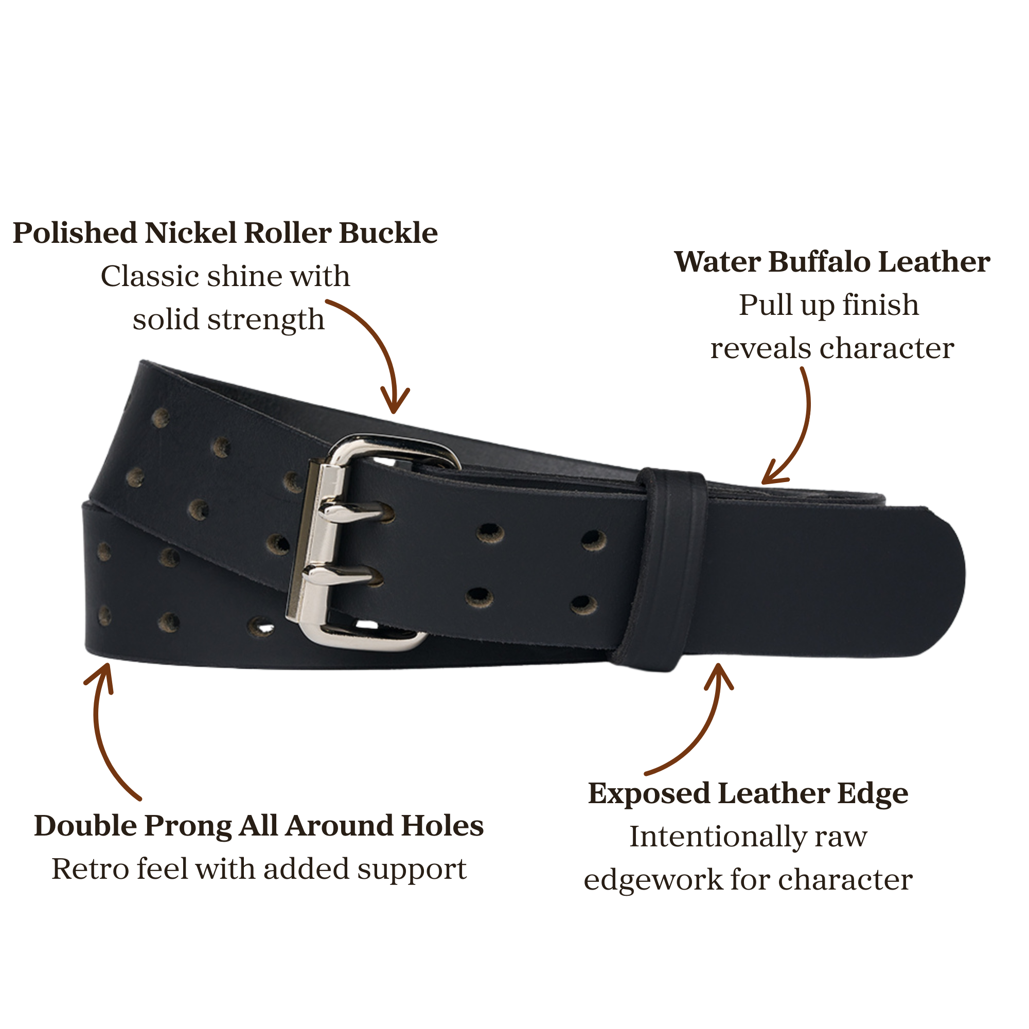 Black water buffalo double pronged leather belt with polished nickel roller buckle 