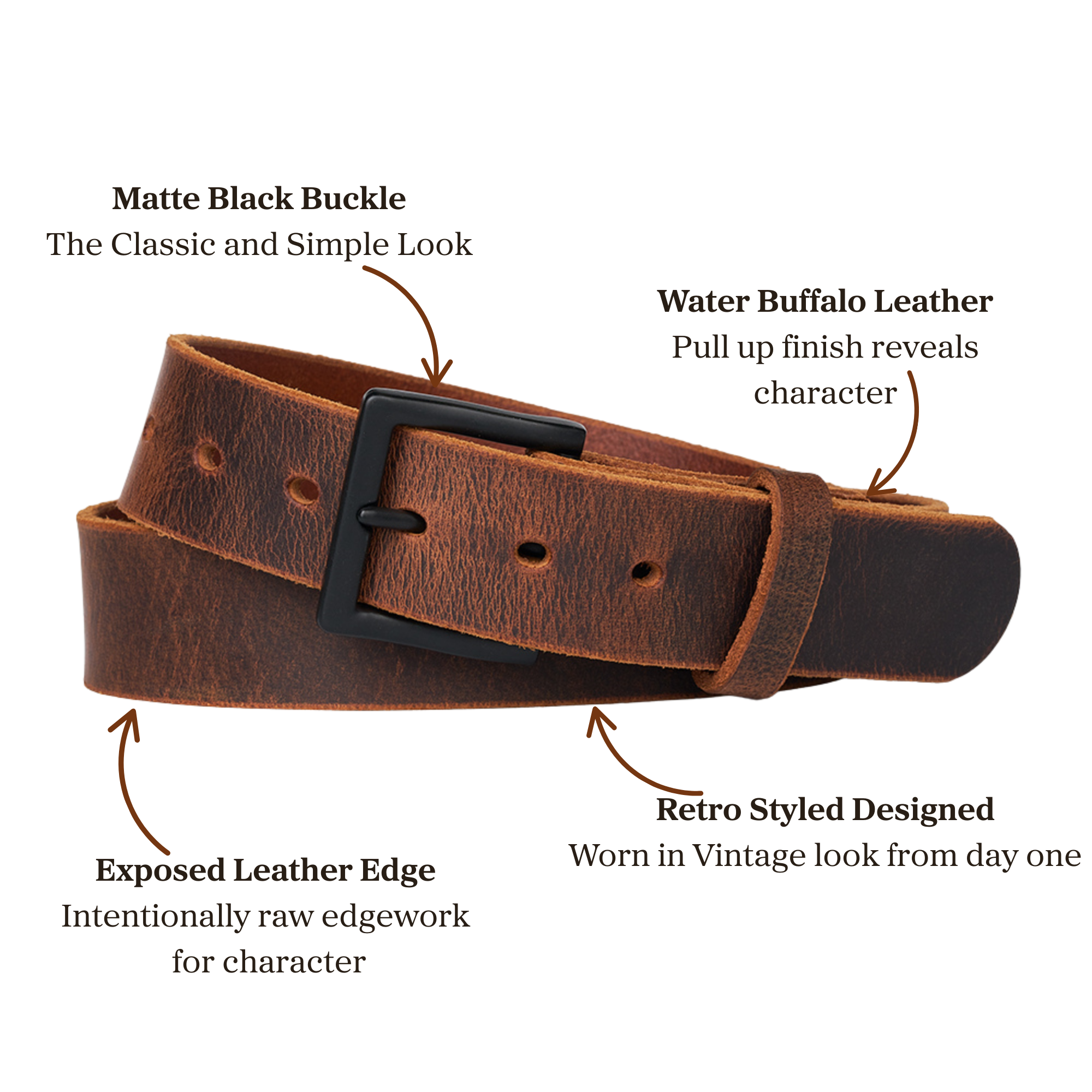 Exposed brown water buffalo leather belt with matte black buckle