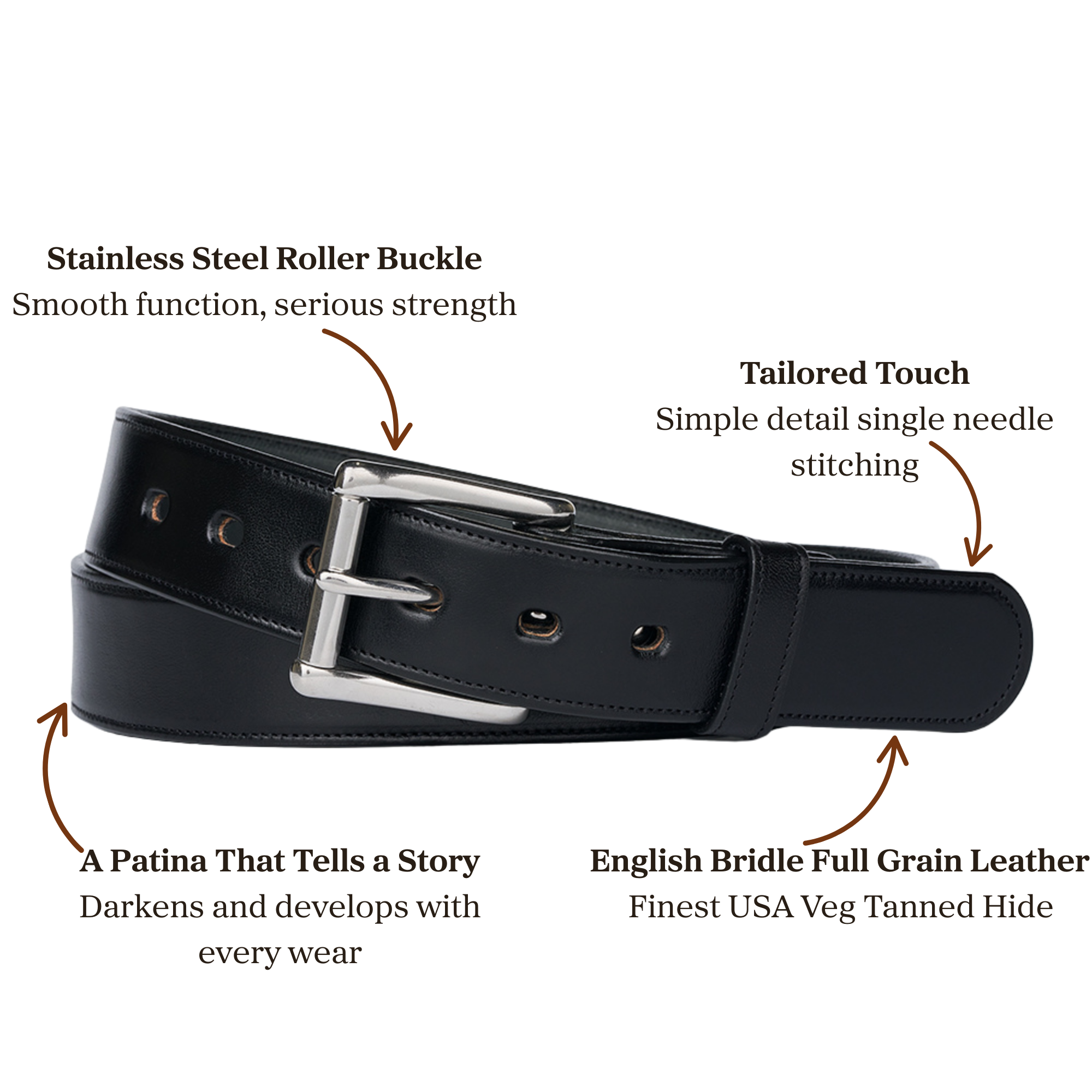 Black English bridle full grain leather belt with stainless steel roller buckle