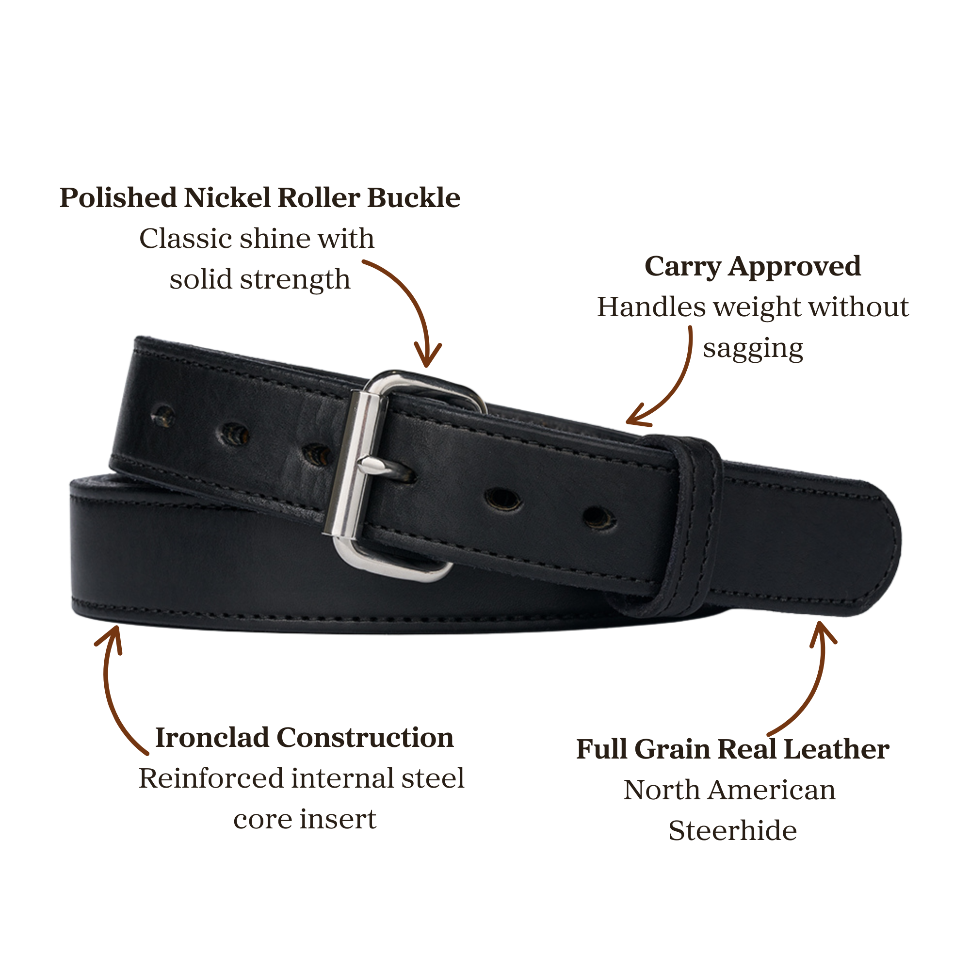 Black full grain leather belt with internal steel core and a polished nickel roller buckle, designed for carry use