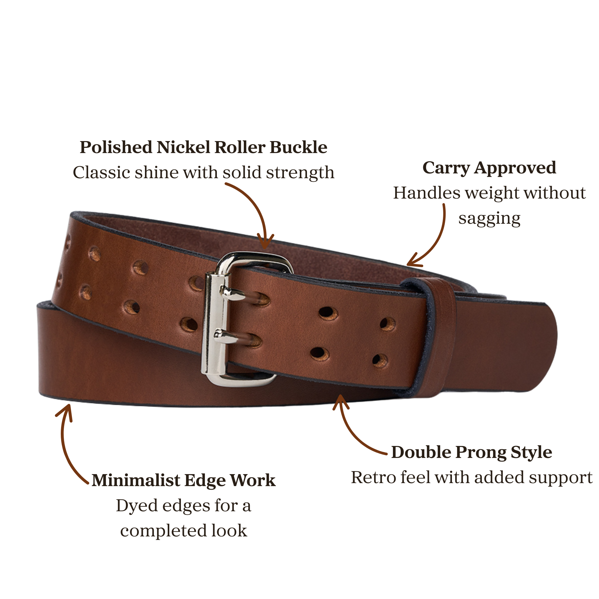 Brown leather belt with double prong polished nickel roller buckle, designed for carry use 