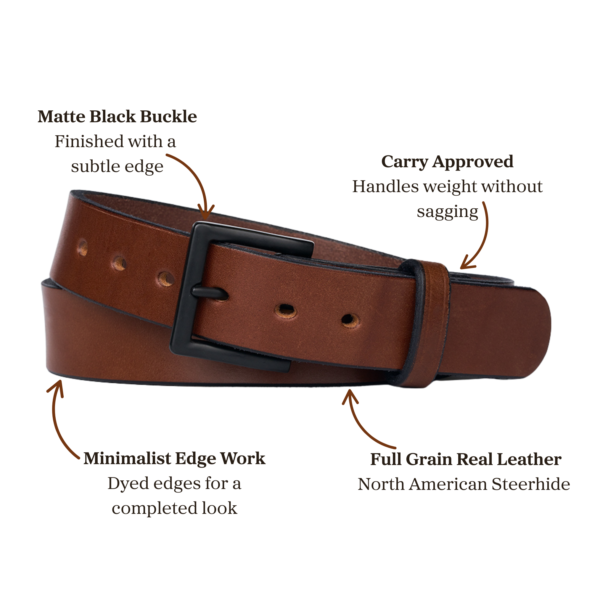 Brown full grain leather belt with matte black buckle, designed for carry use