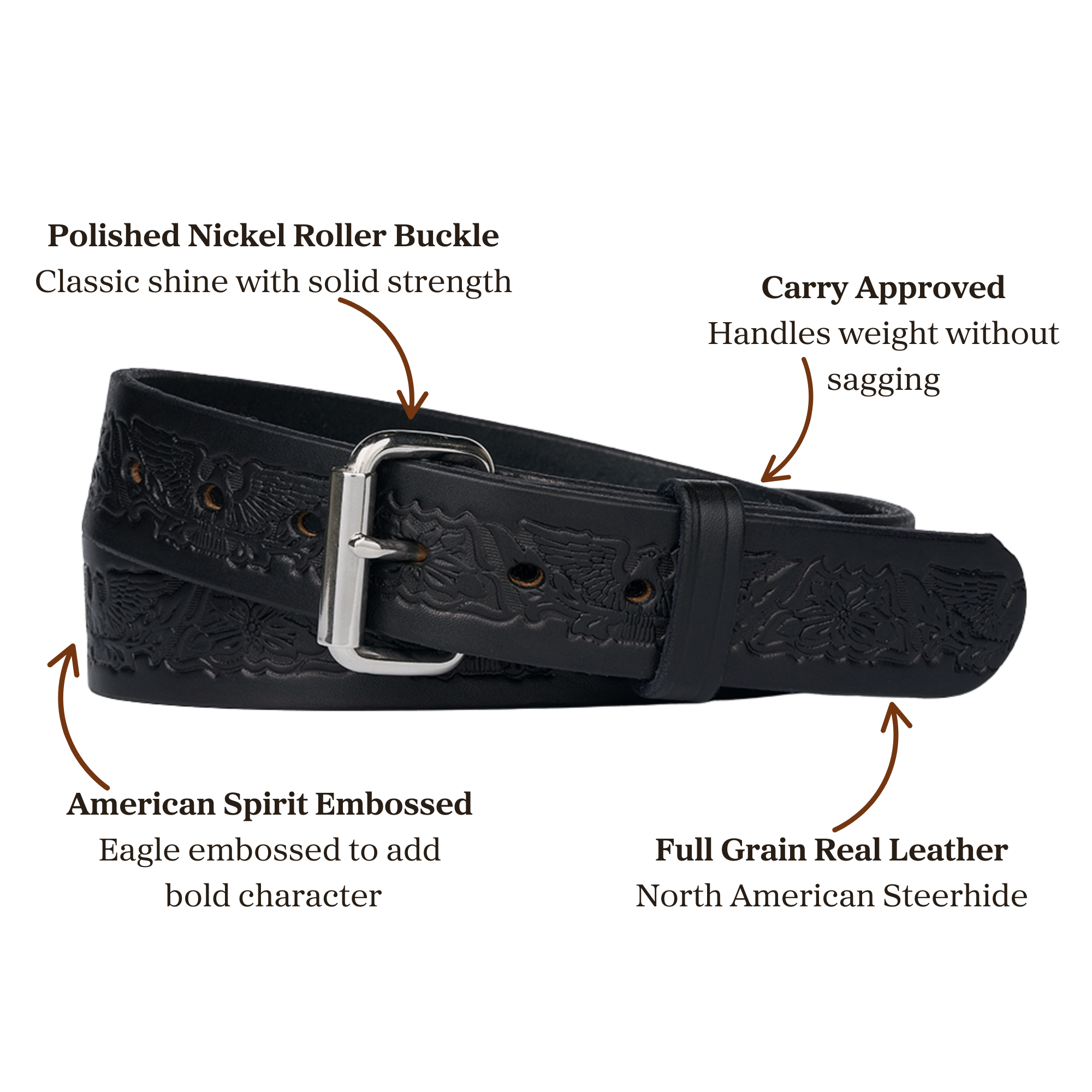 Black full grain leather belt embossed  with a Eagle with polished nickel roller buckle, designed for carry use