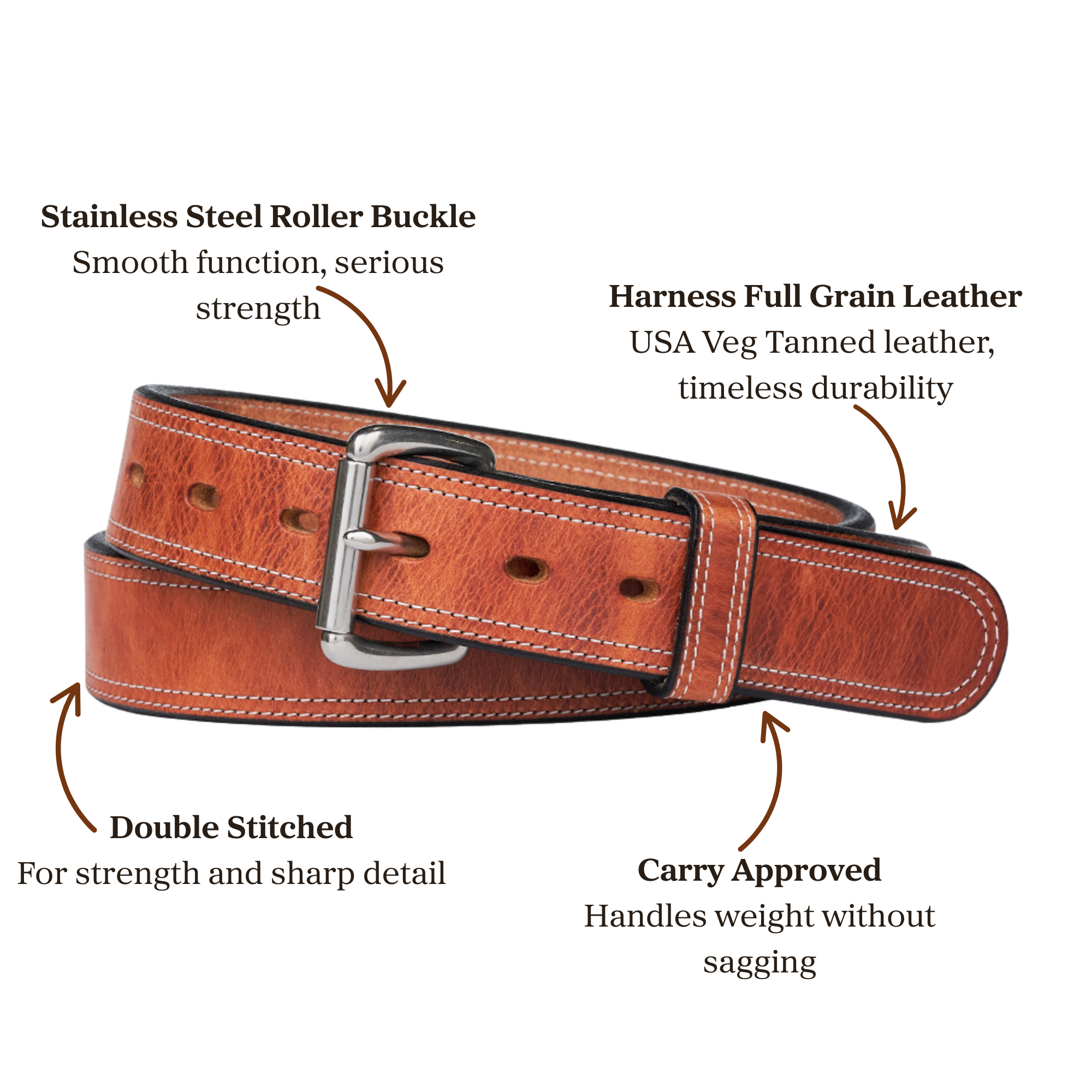 Brown full grain leather belt with stainless steel roller buckle accompanied with double stitching, designed for carry use