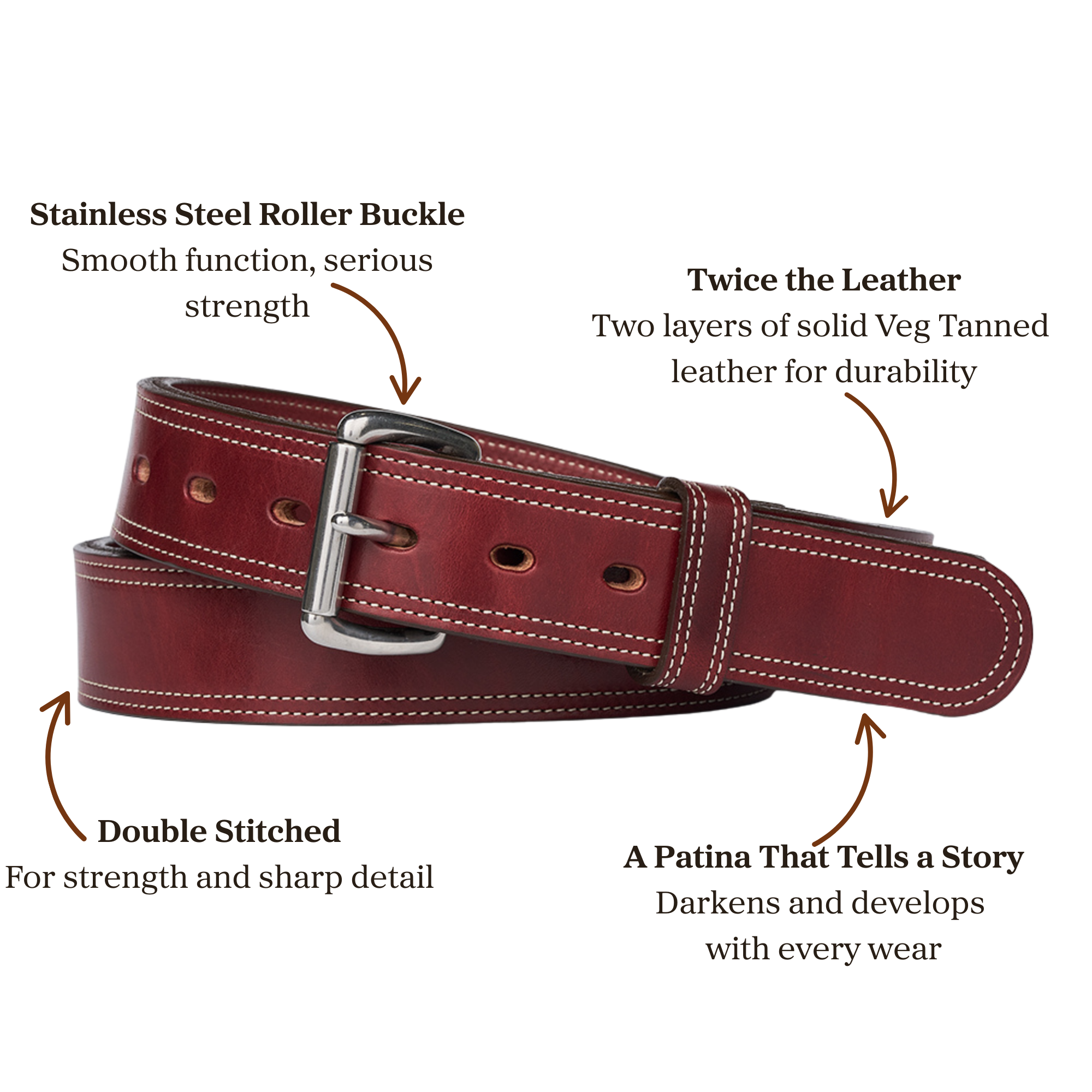 Double layer red leather belt with stainless steel roller buckle accompanied with double stitching 