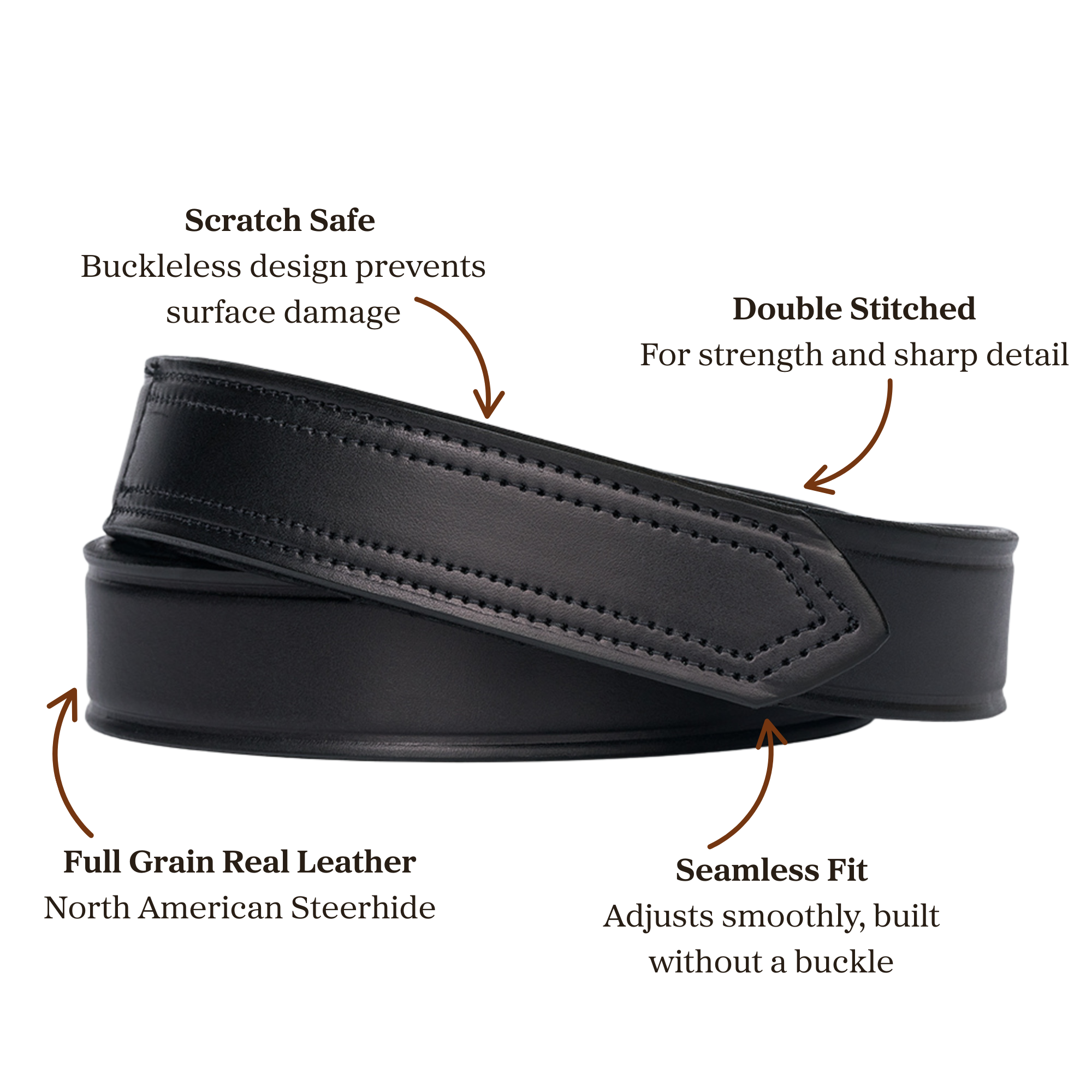Black full grain leather belt with double stitching, designed to be a buckleless seamless fit 