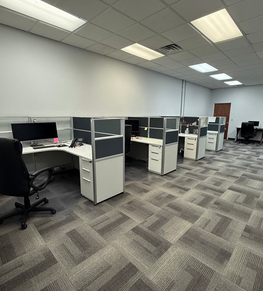 2024. Modern office with cubicles and office chairs on a patterned carpet Text below the image: New customer service center opened, right here in Endicott NY, to better accommodate the needs of our customers. Well trained representatives can be reached easily by phone, chat or email for a quick & educated response! 