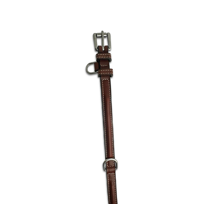 The Bentley Raised Collar by Hanks Belts is a brown vegetable tanned leather strap with white stitching and stainless steel buckles and rings, displayed vertically on a white background.