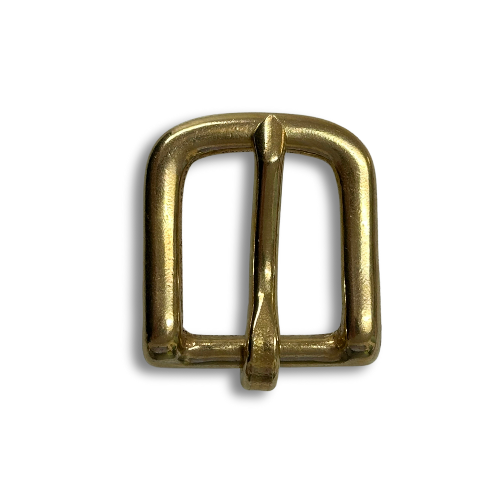 A close-up image of the .75" Brass #13 Buckle from Hanks Belts showcases a rectangular frame and a single prong. The nickel-plated steel buckle features a smooth, polished brass finish and is set against a plain white background.