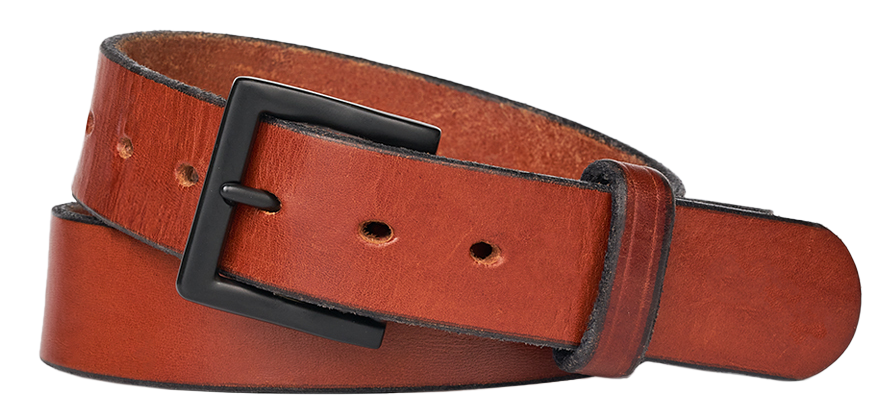 Brown leather belt with a black buckle on a white background