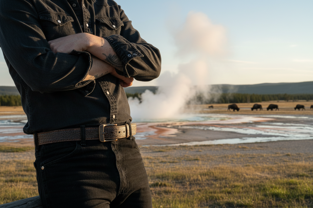 Person standing in a field with geysers in the background and bison wearing the Hanks Yellowstone Bison belt