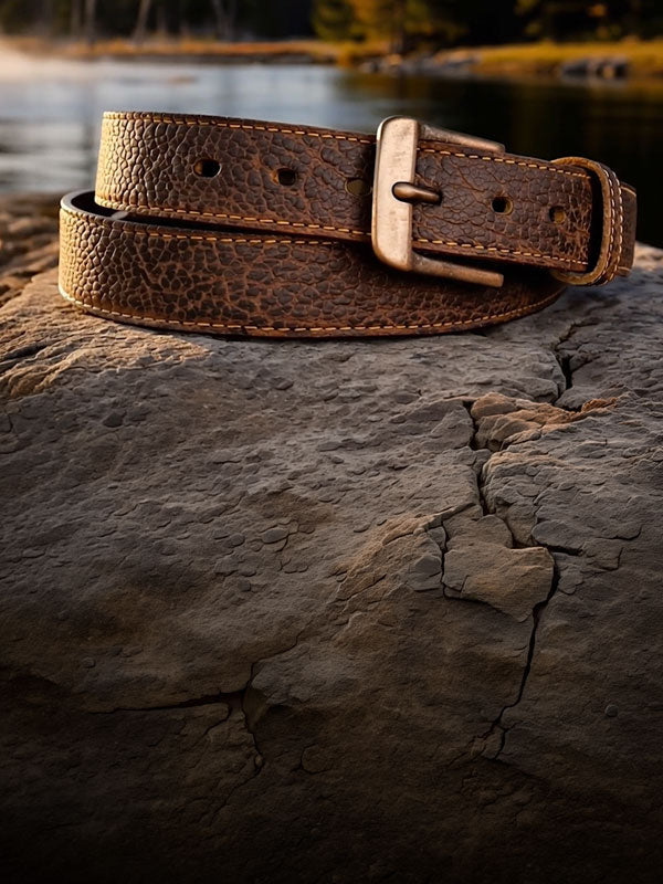 Hanks Yellowstone shrunken bison belt on rock