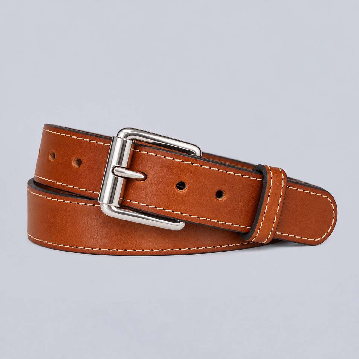 Hanks Belts The Xtreme - 1.5″ brown leather heavy duty belt with a silver metal buckle and white contrast stitching.