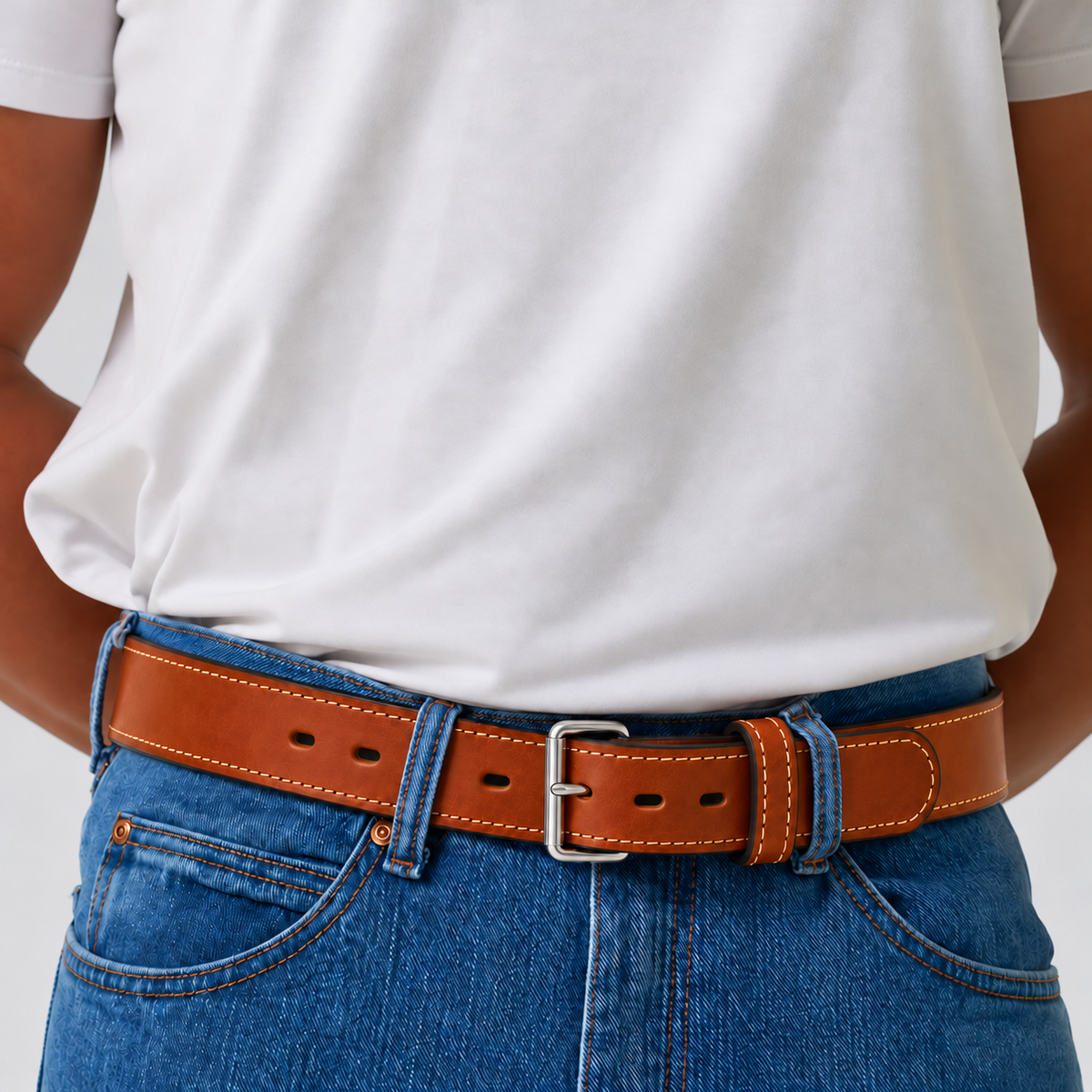 A person wearing a white t-shirt, blue jeans, and a Hanks Belts The Xtreme - 1.5″ brown leather belt with a silver buckle.