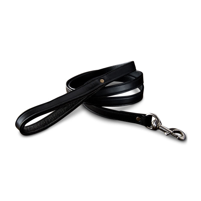 The Hanks Belts Rover Standard Leash in black English Bridle leather features a metal clasp and reinforced padded handle, shown coiled on a white background.