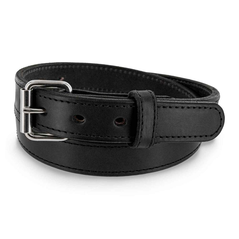 The Xtreme Belt - 1.25" by Hanks Belts is a black leather gun belt featuring a heavy-duty roller buckle, sturdy edge stitching, and two adjustment holes. Coiled in a loop, it exemplifies durable style and function.