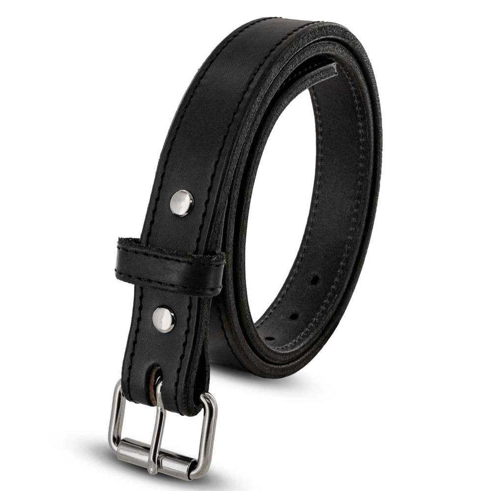The Hanks Belts Xtreme Belt - 1.25" stands upright in a coiled position against a white background, featuring durable leather, a heavy-duty roller buckle, and two metal rivets near the buckle.